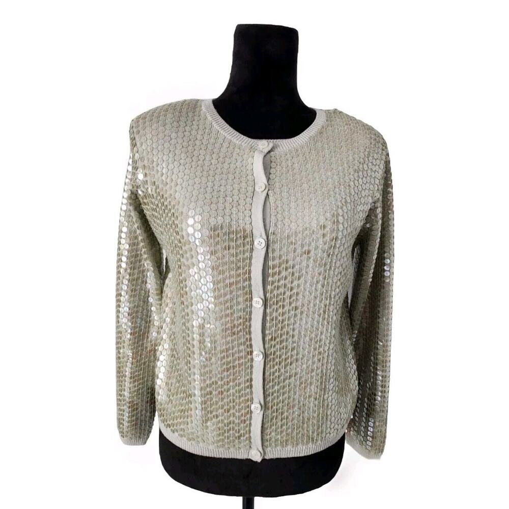 Vintage Anne Klein II Sequin Wool Knit Cardigan & Top Set Small Sage Green